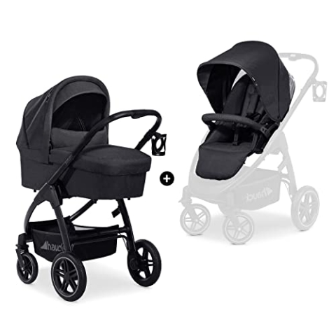 hauck Kinderwagen 2 in 1 Saturn R Duoset ab Geburt bis 22 kg, mit Babywanne & Wendbaren Buggysitz mit Liegefunktion, UPF 50+, Höhenverstellbar, Getränkehalter, Klappbar, Korb bis 3 kg (Melange Black)