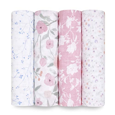 aden + anais Pucktücher, Baby-Decken aus 100% Baumwoll-Musselin für Neugeborene Mädchen & Jungen, Wickeltücher-Set für Säuglinge & Kleinkinder, 120x120cm, 4er-Pack, ma Fleur