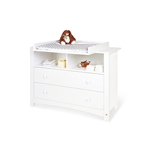 Pinolino Wickelkommode Florentina extrabreit, mit abnehmbarem Wickelaufsatz und 3 Möbelknopf-Sets, für Babys und Kleinkinder, aus weißem Dekor