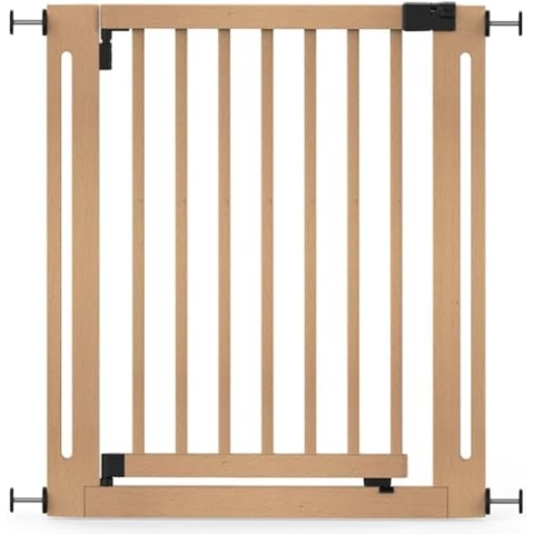 Safetots Naturholz Elegance Treppenschutzgitter, Natur, 79cm - 87cm, Druckmontage Sicherheitsgitter, 57cm Extra Breite Türöffnung, Einteiliges Extra Breites Gitter für Treppen, Flure und Türen