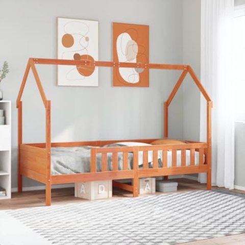 vidaXL Kinderbett, Hausbett mit Rausfallschutz Lattenrost, Spielbett für Jungen Mädchen, Holzbett Bett Kinderzimmer, Wachsbraun 90x190cm Massivholz Kiefer