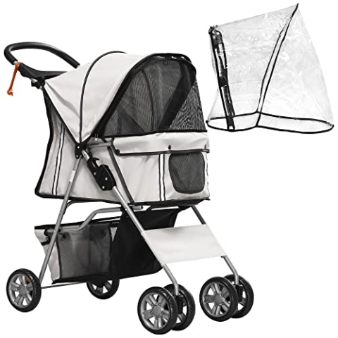 PawHut Hundebuggy, Hundewagen mit Regenverdeck, faltbarer Hundetrolley bis 10 kg, Katzenbuggy für kleine Hunde mit Becherhalter, Netzfenster, Katzenwagen, Grau, 75 x 45 x 97 cm