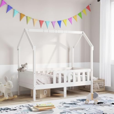 vidaXL Kinderbett, Hausbett mit Rausfallschutz Lattenrost, Spielbett für Jungen Mädchen, Holzbett Bett Kinderzimmer, Weiß 80x160cm Massivholz Kiefer