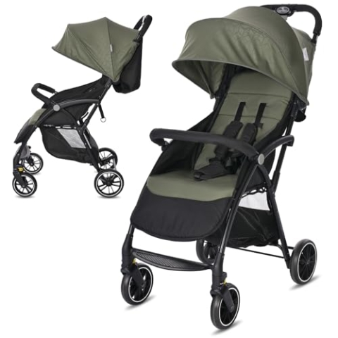 Lorelli Kinderwagen Fresh, Sport Buggy klein zusammenklappbar, nur 5,9kg, kompakter Sportsitz bis 22kg, Baby Reisebuggy mit Flaschenhalter, Einhand-Klappsystem, grün