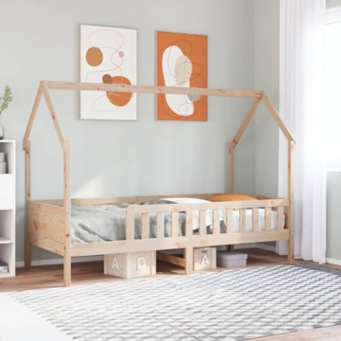vidaXL Kinderbett, Hausbett mit Rausfallschutz Lattenrost, Spielbett für Jungen Mädchen, Holzbett Bett Kinderzimmer, 90x190cm Massivholz Kiefer