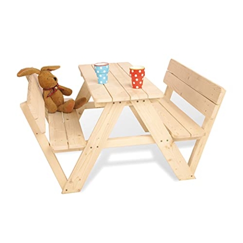 PINOLINO Kindersitzgarnitur Nicki für 4 mit Lehne, aus massivem Holz, 2 Bänke mit Rückenlehne, 1 Tisch, empfohlen ab 2 Jahren, Natur