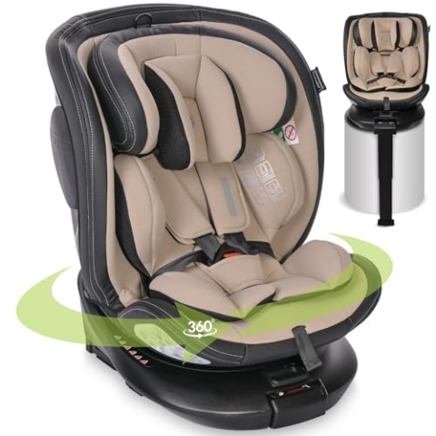 Lorelli Auto Kindersitz Estate mit Isofix Basis und Stützbein, 360 Grad drehbar, 0-36kg Mitwachsender Autositz i-Size 40-150cm, Babysitz ab Geburt, 5-Punkt-Gurt, Einstellbare Kopfstütze, beige