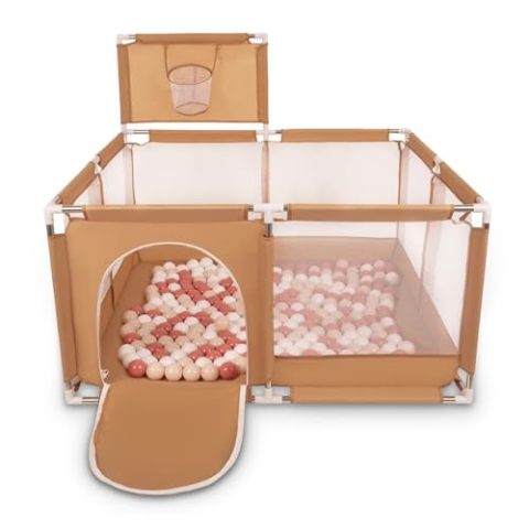 Selonis Laufstall Mit Korb Und 200 Bälle Laufgitter Für Kinder, Beige:Pastellbeige/Lachsfarben/Weiß