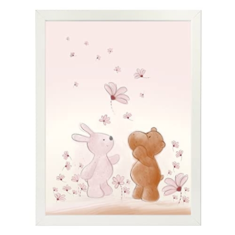 Nattou Poster mit Bilderrahmen, Hase und Nilpferd, Ca. 40 x 30 cm, Susie und Bonnie, Weiß/Rosa/Braun