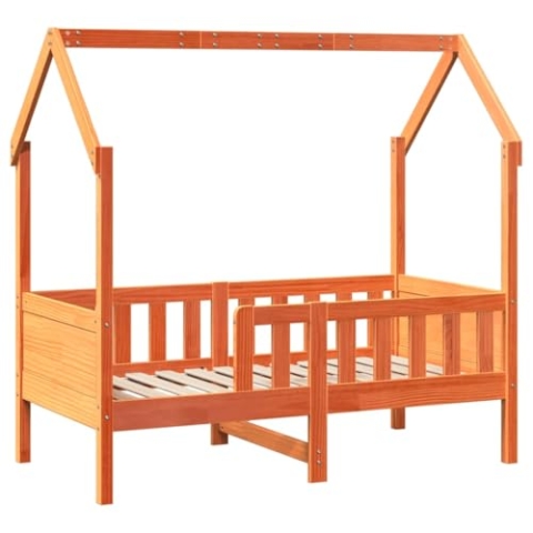 vidaXL Kinderbett, Hausbett mit Rausfallschutz Lattenrost, Spielbett für Jungen Mädchen, Holzbett Bett Kinderzimmer, Wachsbraun 70x140cm Massivholz Kiefer