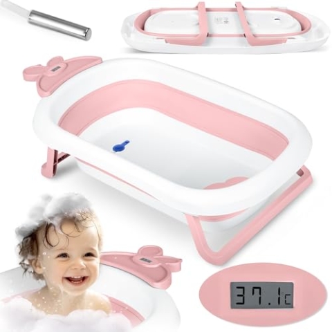 Ricokids - RK-282 - Babybadewanne mit integriertem Thermometer - aus Silikon - mit Stöpsel, Klappbarem Gestell - Faltbar - Temperaturanzeige - Reisebadewanne für Kleinkinder - Weiß, Rosa
