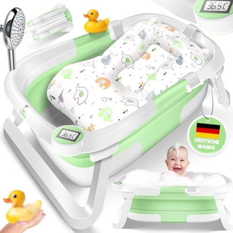 KIDIZ® Baby Badewanne | Babywanne platzsparend & faltbar | Badebecken Duschwanne für Neugeborene Kleinkinder 0-24 Monate | Reisedusche tragbar für Babys | Bathtub ergonomisch mit Thermostat & Kissen