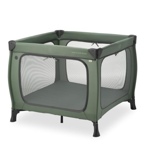 hauck Kinderreisebett & Laufstall Sleep N Play SQ Set mit Matratze 5 cm dick, Klein Zusammenklappbar, Inklusive Tragetasche, für Babys & Kinder ab Geburt bis 15 kg (Dark Green)