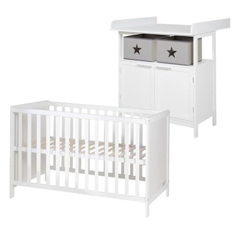 roba Babyzimmer Set 2 teilig - Wickelkommode Hamburg 2-türig mit Wickeltisch abnehmbar + Babybett 60 x 120 cm mit Funktion als Beistellbett - Holz weiß
