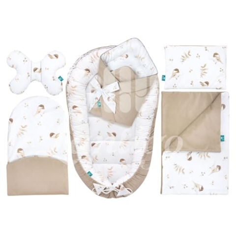 Lantigo Set für Neugeborene 6-teiliges Babynest Baumwolle mit Samt Baby Nestchen 95×55 cm inkl. Baby Kissen, Babydecke, Babyhörnchen, Erstausstattung Neugeborene Lovely bird