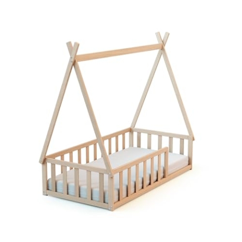 WEBABY - Bodenbett Babybett Holz 70 x 140 cm Buche Natur | Gitterbett mit Lattenrost inklusive | Schlafkomfort | Autonomie | MassivHolz | Cabane