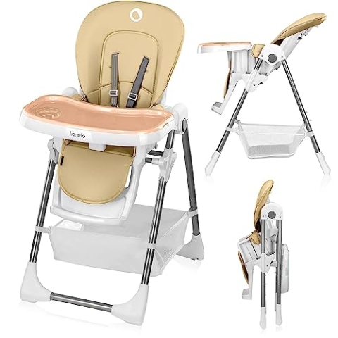 LIONELO Linn 2-in-1-Kinderhochstuhl, hoher, verstellbarer Stuhl, abnehmbares Tablett, rutschfest, 6 bis 36 Monate, 5-Punkt-Sicherheitsgurt, Belastbarkeit bis 15 kg (Beige)