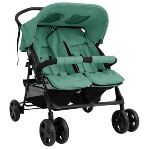 vidaXL Geschwisterwagen Klappbares Design Zwillingswagen Kinderwagen Baby Kinder Buggy Zwillingsbuggy Kinderbuggy Reisebuggy Grün Stahl