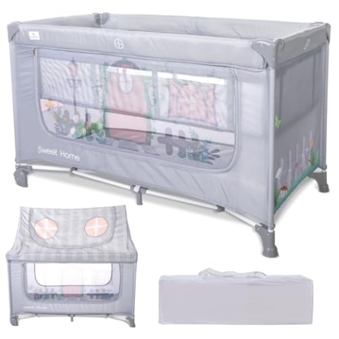 Lorelli Baby Reisebett mit Dach und Rollen, 2 in 1 Babybett und Laufstall Sweet Home, Kinderbett ab Geburt bis 15 kg, Seiteneingang, Faltbar inkl. Transporttasche, Grau