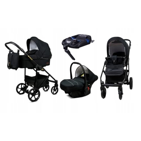 BabyLux® Kinderwagen Set 4 in 1 - Trailux - Onyx - incl. Babywanne, Buggy Sportsitz, Auto-Babyschale, ISOFIX-Basisstation - Autositz - Kinderwagenset - Kombikinderwagen mit Wickeltasche usw.