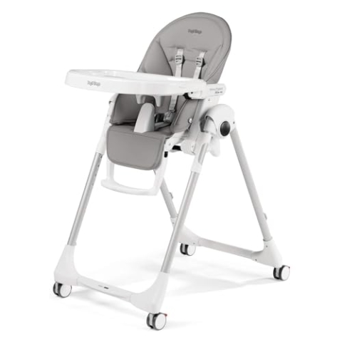 Peg Perego Prima Pappa Follow Me - Ice - Hochstuhl mit Baby-Liegefunktion und 4 Doppelrollem mit Bremsen, Lederimitat-Bezug, grau