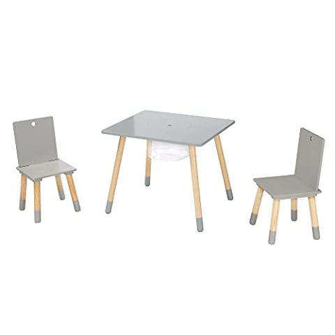 roba Kindersitzgruppe aus Holz mit Stauraum - Kindermöbel Set aus 2 Kinderstühlen & 1 Tisch - Kindertisch Set inkl. Aufbewahrungsnetz - Grau / Natur