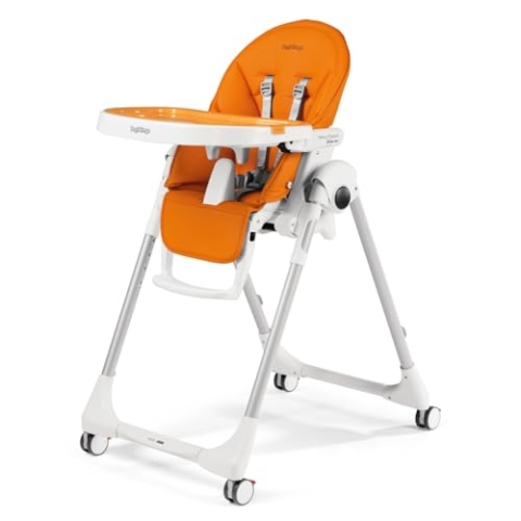 Peg Perego Prima Pappa Follow Me - Arancia - Hochstuhl mit Baby-Liegefunktion und 4 Doppelrollem mit Bremsen, Lederimitat-Bezug, orange