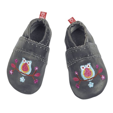 Anna & Paul Krabbelschuhe EULE grau - mit Ledersohle, Größe:L (22)