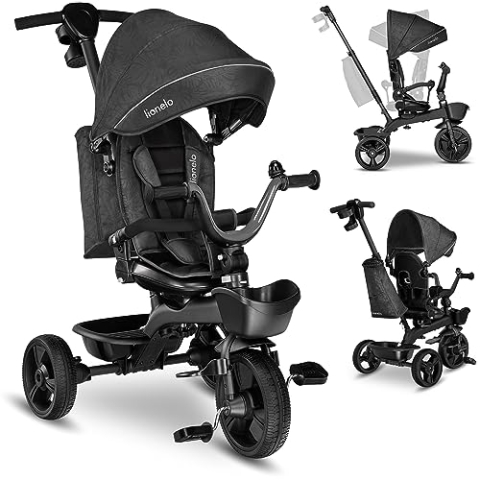 Lionelo Kori Dreirad mit Schubstange für Kinder ab 1,5 bis 5 Jahre, drehbarer Sitz, Magnesium-Rahmen, wartungsfreie Gummiräder, freies Rad, abnehmbares Vordach, 55 x 80 x 56 cm