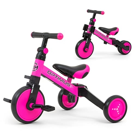 Milly Mally Optimus Kinderfahrrad 3-in-1, Dreirad, Laufrad mit Pedalen, für Jungen und Mädchen ab 1 Jahr, Lauflernhilfe für Kinder, Rutscher, für EIN Geschenk geeignet ROSA