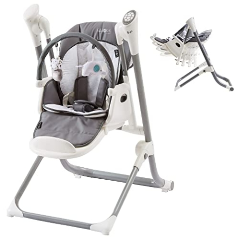 FableKids 2in1 Hochstuhl mit Liegefunktion, Wippe NOA 6-36 Monate, klappbar, Schreisensor, USB-Port,12+2 Melodien, Steuerung per App, kompatibel,abnehmbarer Tisch, 5-Punkt-Gurt, Grau, 13.7 kilograms