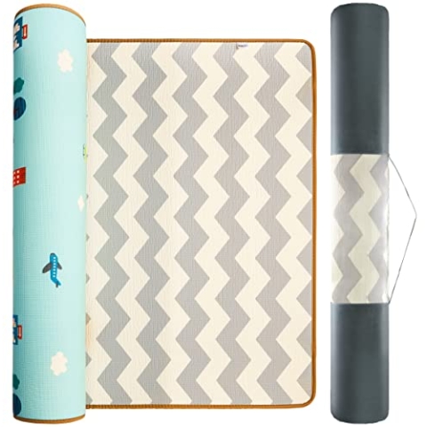 Mamabrum Krabbelmatte Baby Faltbar - Spielmatte mit Zickzack & Stadtmotiv, 150 x 180 x 2.0 cm, Beidseitiges Design, Rutschfeste XPE-Schaumstoff Oberfläche, mit Tragetasche