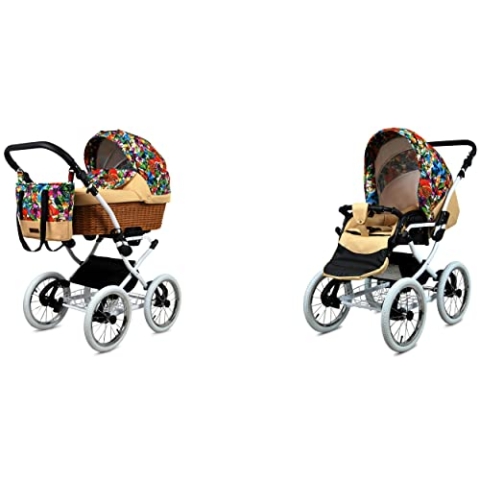 BabyLux ALU 2in1 Kinderwagen für Kleinkinder – Kinderwagen für Neugeborene und Kleinkinder – Baby Neugeborenen Kinderwagen – 59x105x125cm – Max. 15kg – Jungle Flowers White Frame