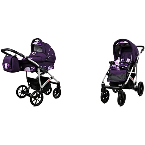 BabyLux Largo 2-in-1 Baby Kinderwagen Tief und Kinderwagen mit Zubehör Verstellbar und faltbar Aluminiumkonstruktion Wasserdicht Nicht abnehmbare Räder White Dots Silver Frame