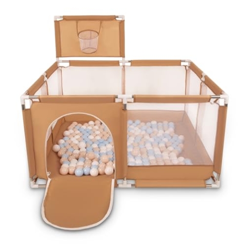 Selonis Laufstall Mit Korb Und 200 Bälle Laufgitter Für Kinder, Beige:Pastellbeige/Pastellblau/Weiß