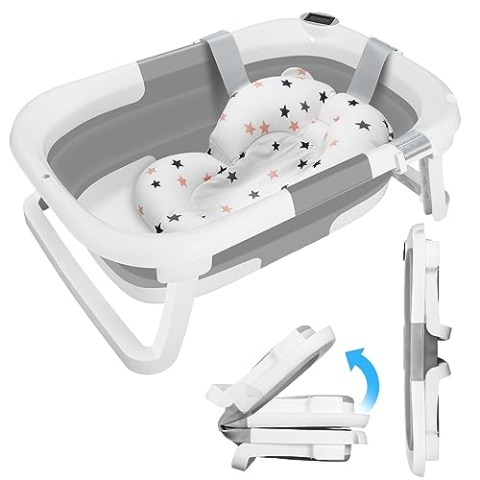 Badewanne Mit Integriertem Thermometer, Groß Faltbare Wanne Mit Badematte, Duschkopfanschluss, Ergonomisch, Platz Sparen, Tragbar für Babys Von 0-36 Monaten (A)