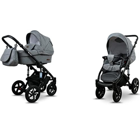 BabyLux® Sky Lark 2-in-1 Baby Kinderwagen Tief und Kinderwagen mit Zubehör Verstellbar und faltbar Aluminiumkonstruktion Wasserdicht Nicht abnehmbare Räder Grey Flex Black Frame