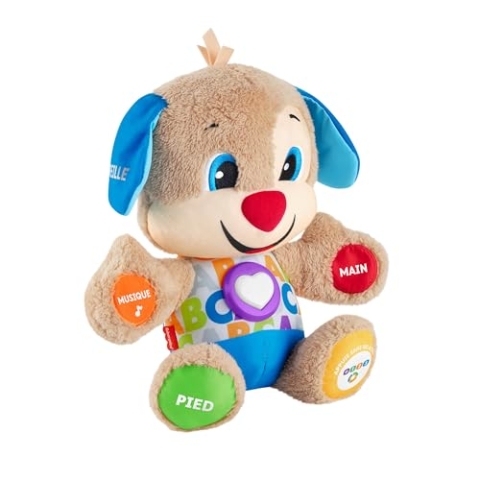 Fisher-Price Lernspaß-Hündchen mit drei Stufen | sprechendes Kuscheltier mit Musik als Kinderspielzeug und Baby Spielzeug | Interaktiver Teddybär, Version: Französisch, FPM44