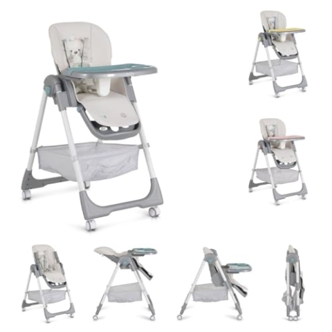 Moni Kinderhochstuhl Raffy klappbar 4 Räder, Rückenlehne verstellbar, Korb, Gurt, Farbe:türkis