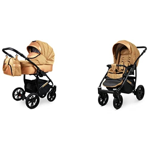 BabyLux Miracle 2-in-1 Baby Kinderwagen Tief und Kinderwagen mit Zubehör Verstellbar und faltbar Aluminium Konstruktion Wasserdicht Nicht abnehmbare Räder Gold Leaf