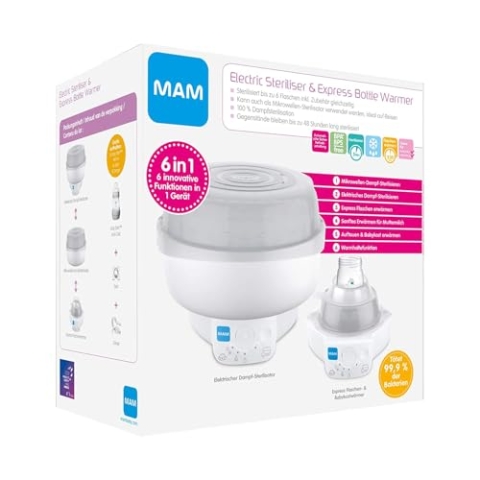 MAM 6in1 Sterilisator und Express Babykosterwärmer, Flaschenwärmer inkl. 1x MAM Easy Start Anti-Colic Flasche (160 ml), 1x MAM Start Schnuller und 1 Zange