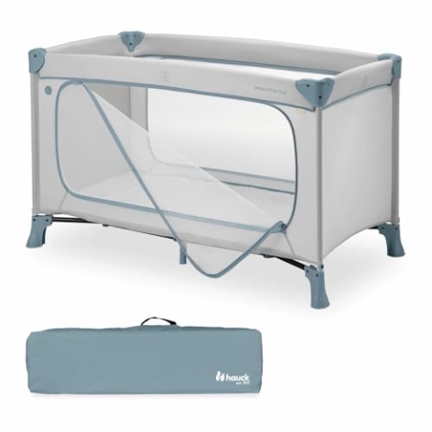 hauck Reisebett Dream N Play Plus, Dusty Blue - Baby Kinder Reisebett mit Tragetasche, Faltboden und Großen Schlupf zum Spielen - ab Geburt bis 15 kg - Klein Zusammenklappbar