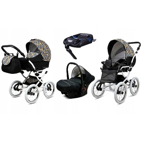 BabyLux® Kinderwagen Set 4 in 1 - Margaret White - incl. Babywanne, Buggy Sportsitz, Auto-Babyschale, ISOFIX-Basisstation - Autositz - Kinderwagenset - Kombikinderwagen mit Wickeltasche usw.