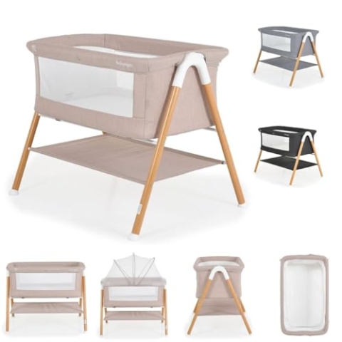 Moni Beistellbett Kalinihta Matratze mit Reißverschluss, Moskitonetz, Holzdruck, Farben:hellbraun
