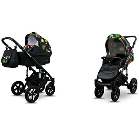 BabyLux® Sky Lark 2-in-1 Baby Kinderwagen Tief und Kinderwagen mit Zubehör Verstellbar und faltbar Aluminiumkonstruktion Wasserdicht Nicht abnehmbare Räder Paradise Flowers Black Frame