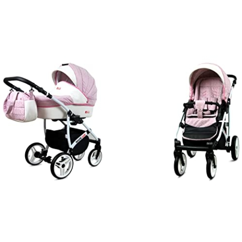 BabyLux White Lux 2-in-1 Baby Kinderwagen Tief und Kinderwagen mit Zubehör Verstellbar und faltbar Aluminium Konstruktion Wasserdicht Nicht abnehmbare Räder Sweet Pink