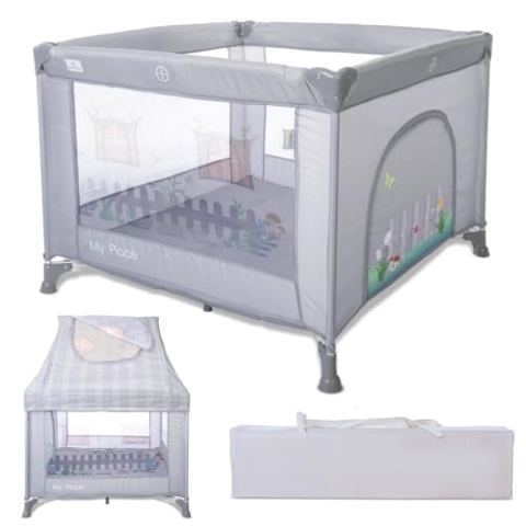 Lorelli Baby Laufstall My Place mit Dach, kleiner Laufgitter 100x100 cm, Absperrgitter mit atmungsaktivem Netz, Schutzgitter mit Reißverschlusstür, faltbarer Krabbelgitter, Grau