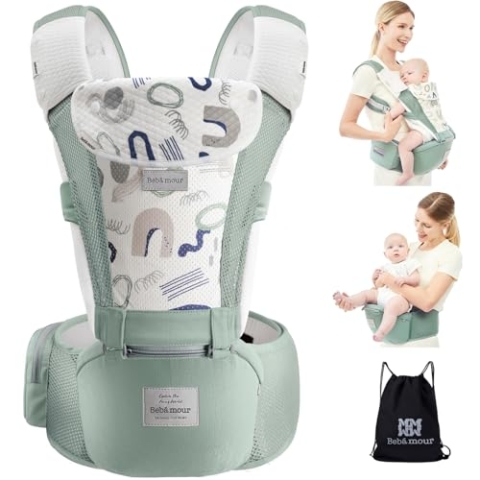 Bebamour Babytrage mit Hüftsitz mit Kopfbedeckung 3 Saugkissen Extender(Baby Carriers Foam Series, Air Green)