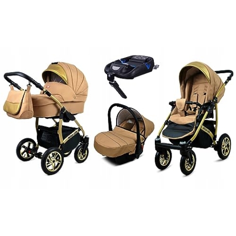 BabyLux® Kinderwagen Set 4 in 1 - Gold Lux - incl. Babywanne, Buggy Sportsitz, Auto-Babyschale, ISOFIX-Basisstation - Autositz - Kinderwagenset - Kombikinderwagen mit Wickeltasche usw.