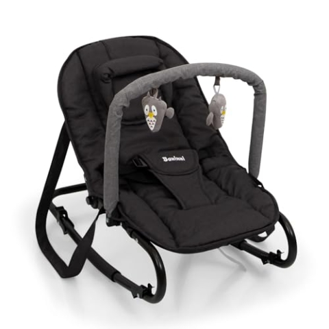 Baninni Babywippe, Liegestuhl ab der Geburt, feste Position oder Schaukel, verstellbare Rückenlehne, mit Spielstange und Kissen, Stelano, Schwarz
